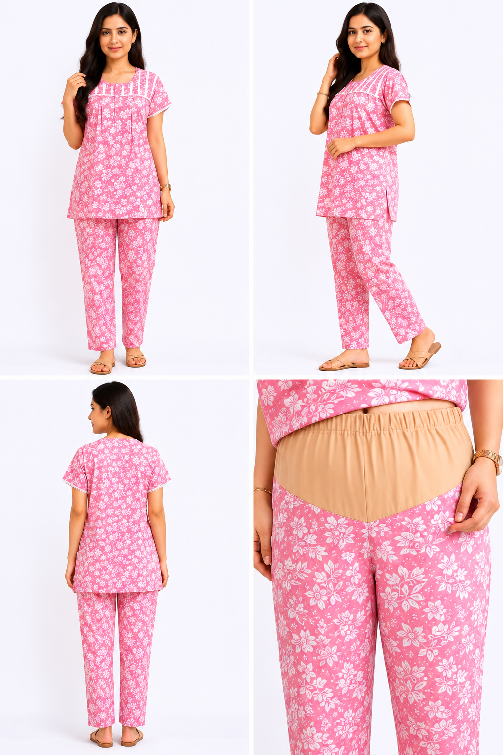 Women's Pink Floral Feeding Night Suit with Maternity Pant