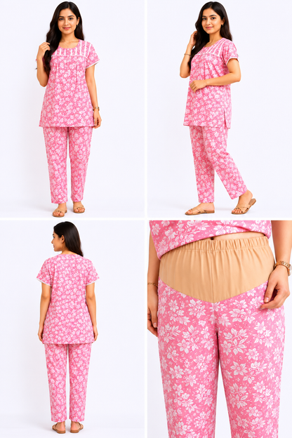 Women's Pink Floral Feeding Night Suit with Maternity Pant