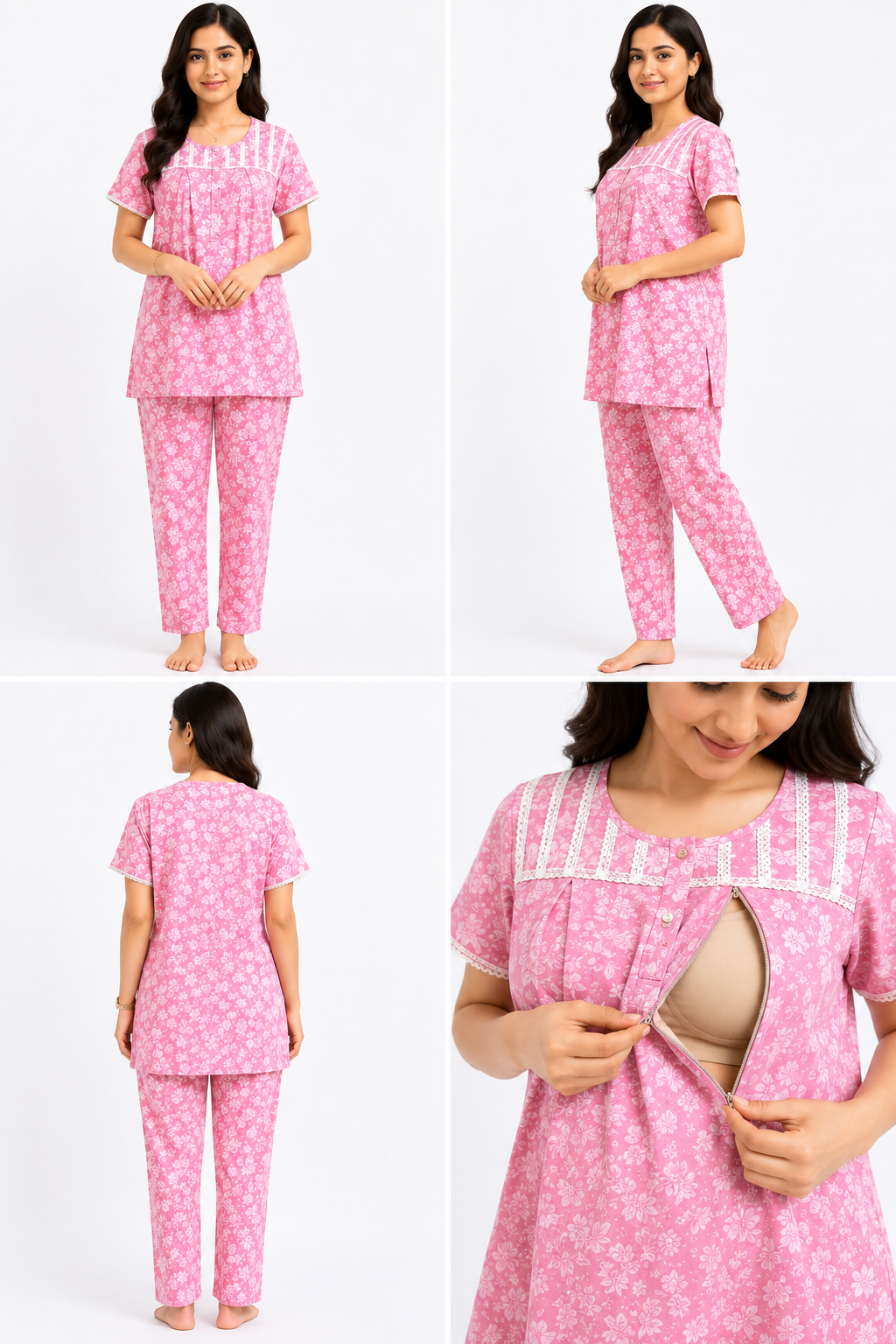 Women's Pink Floral Feeding Night Suit with Maternity Pant