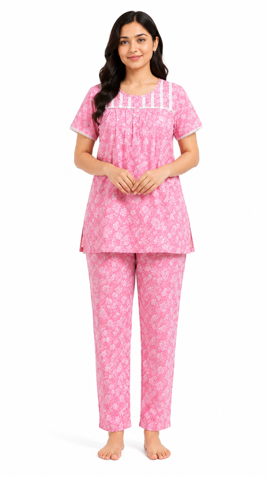 Women's Pink Floral Feeding Night Suit with Maternity Pant