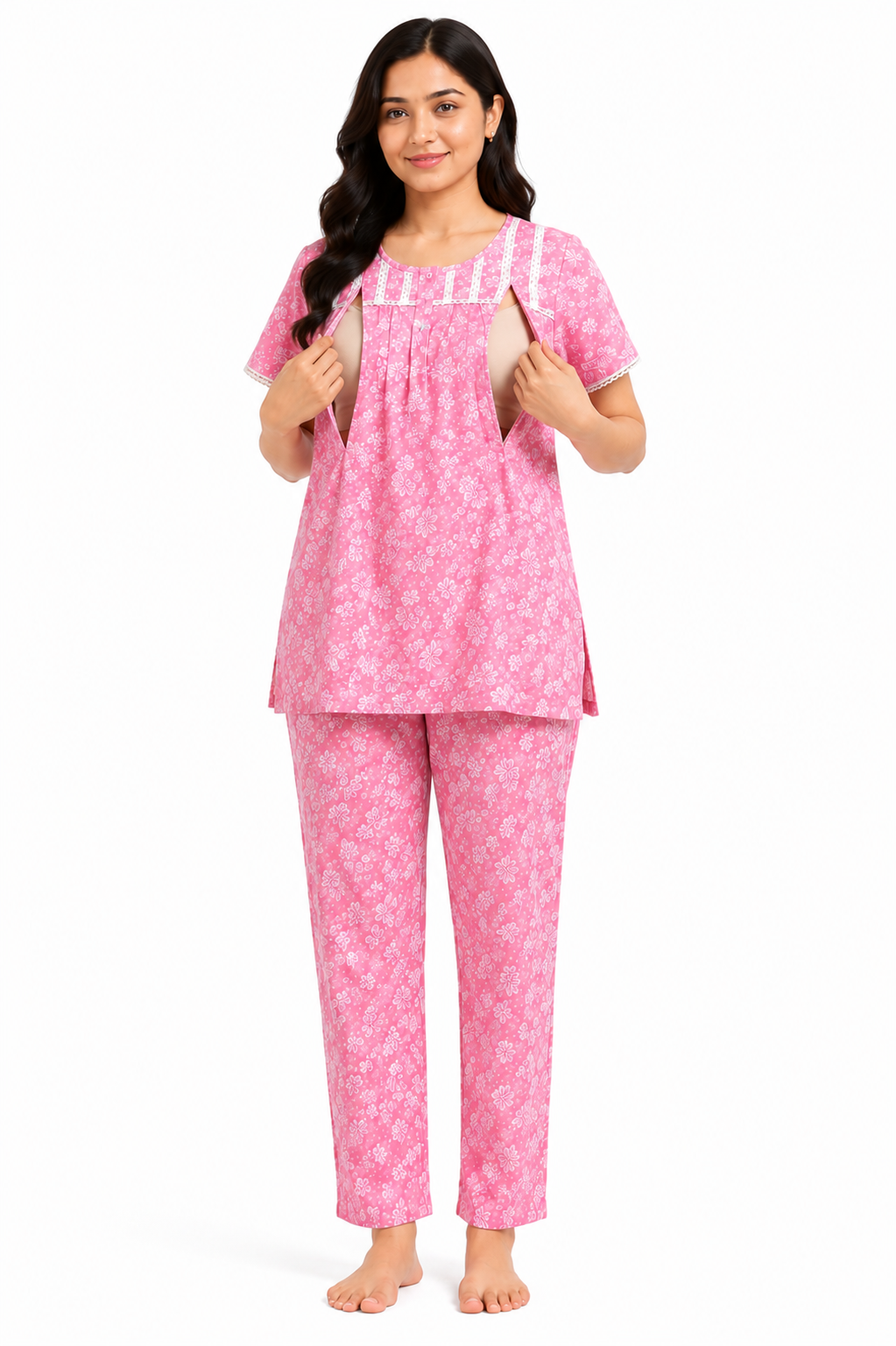 Women's Pink Floral Feeding Night Suit with Maternity Pant