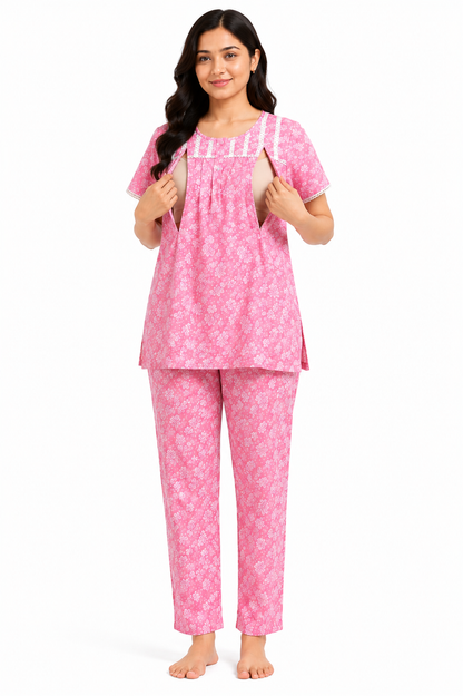 Women's Pink Floral Feeding Night Suit with Maternity Pant