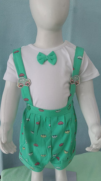 Baby Boys Cotton Dungaree Shorts Set – Green Car Print