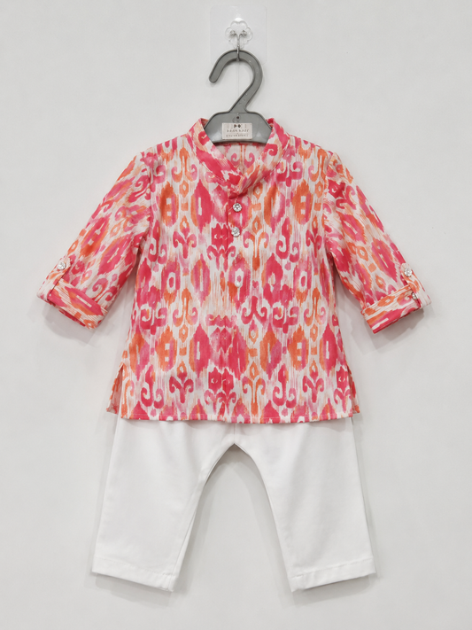 Boys Pink & Orange Printed Kurta Pajama Set | Traditional Ethnic Wear | 1–2 Years