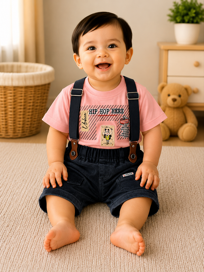 Baby Boys Hip Hop Graphic T-Shirt & Charcoal Suspender Shorts Set
