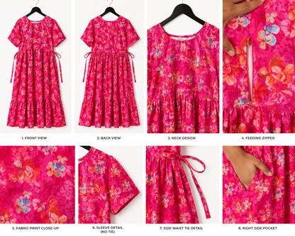 Women's Pink Floral Maternity & Feeding Dress | Nursing Dress with Side Waist Ties & Pockets | XL