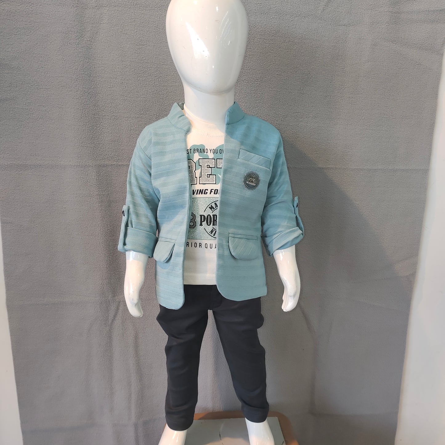 Sky Blue Jacket with Printed Tee & Navy Pants | Party & Casual Wear | 6 M - 1Yr - 2Yr