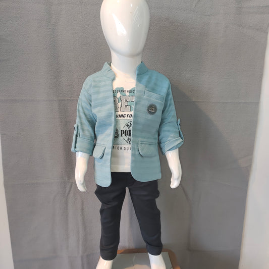 Sky Blue Jacket with Printed Tee & Navy Pants | Party & Casual Wear | 6 M - 1Yr - 2Yr