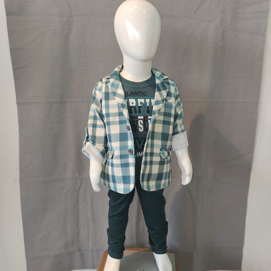 Smart Boys Checkered Blazer Set – Green & White Jacket with Printed Tee & Matching Pants | Stylish Party Outfit | 6 M-1Yr-2Yr