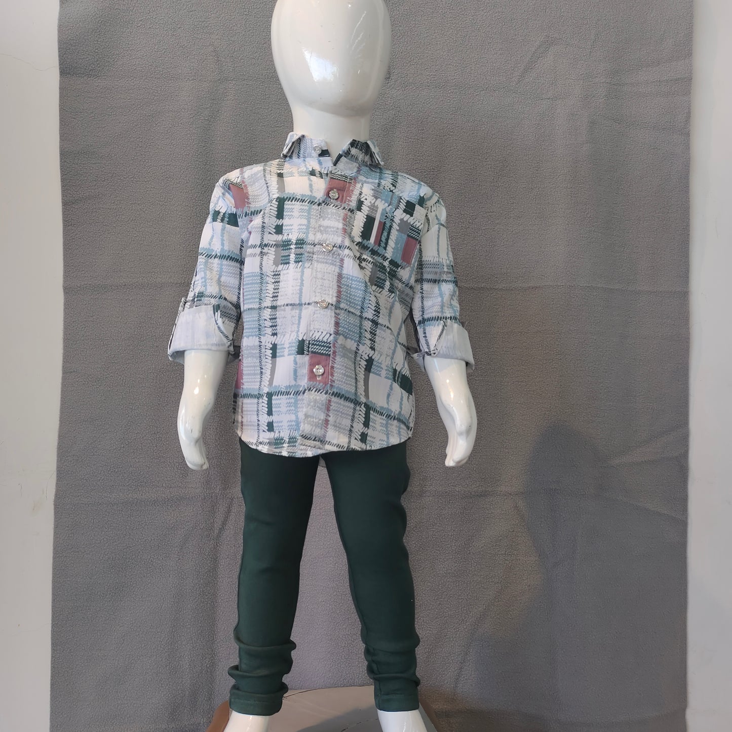 Classic Boys Check Shirt Set – Green & White Plaid Shirt with Dark Green Pants | Casual & Party Wear | 6M -1Yr - 2Yr