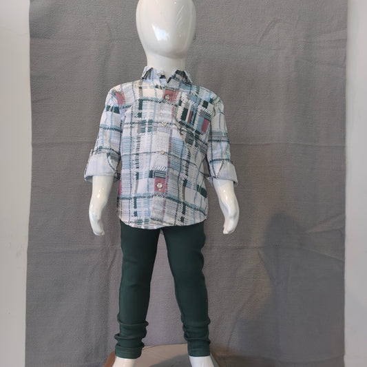 Classic Boys Check Shirt Set – Green & White Plaid Shirt with Dark Green Pants | Casual & Party Wear | 6M -1Yr - 2Yr