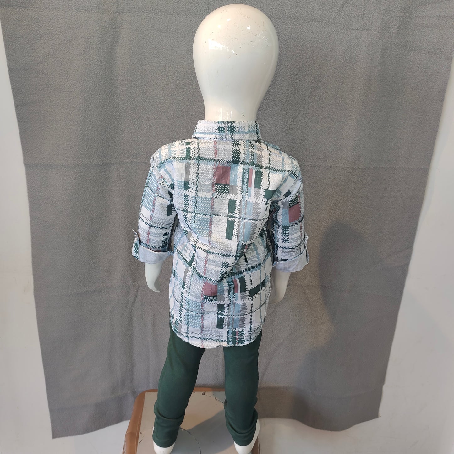 Classic Boys Check Shirt Set – Green & White Plaid Shirt with Dark Green Pants | Casual & Party Wear | 6M -1Yr - 2Yr