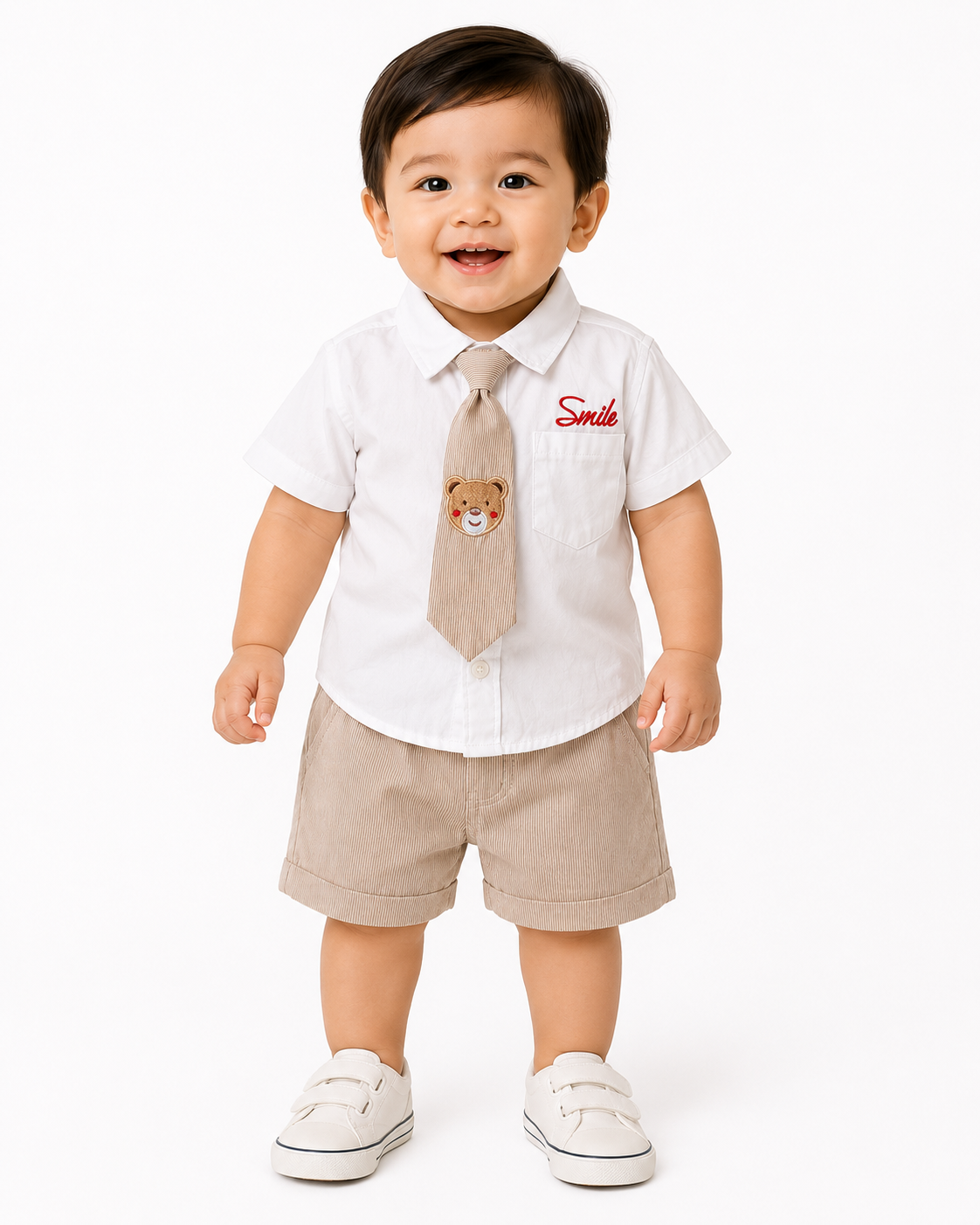 Baby Boys White Shirt & Beige Stripe Shorts Formal Set