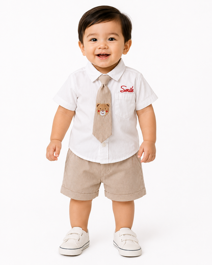 Baby Boys White Shirt & Beige Stripe Shorts Formal Set