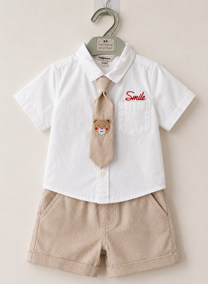 Baby Boys White Shirt & Beige Stripe Shorts Formal Set