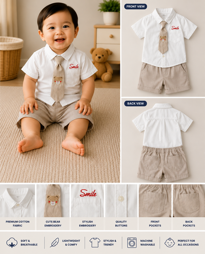 Baby Boys White Shirt & Beige Stripe Shorts Formal Set