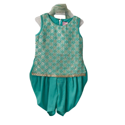 Sea Green Embroidered Top with Dhoti Pants Set for Baby Girls