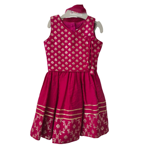 Magenta Ethnic Party Wear Frock for Baby Girls with Golden Motifs