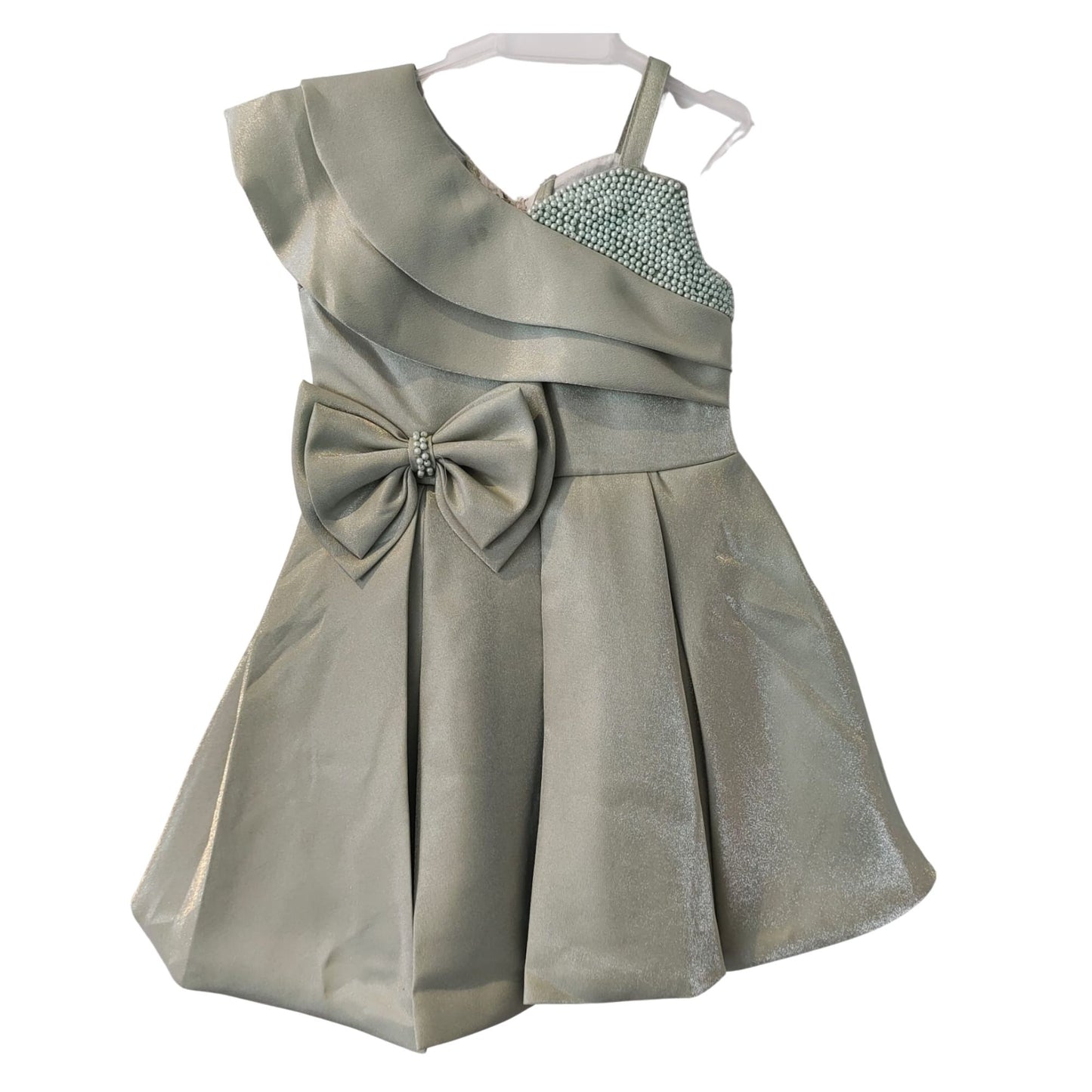 Grey One-Shoulder Party Wear Frock for Baby Girls with Bow Detail