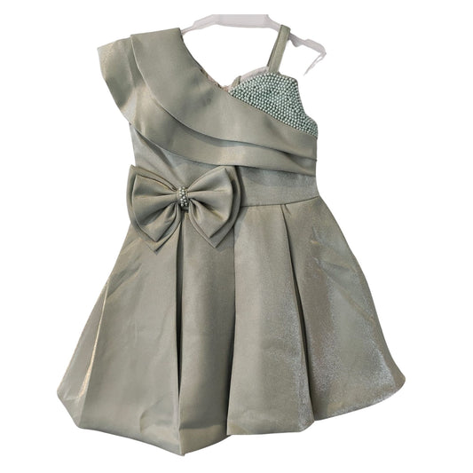 Grey One-Shoulder Party Wear Frock for Baby Girls with Bow Detail