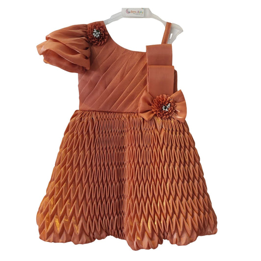 Rust Brown One-Shoulder Party Wear Frock for Baby Girls with Textured Skirt