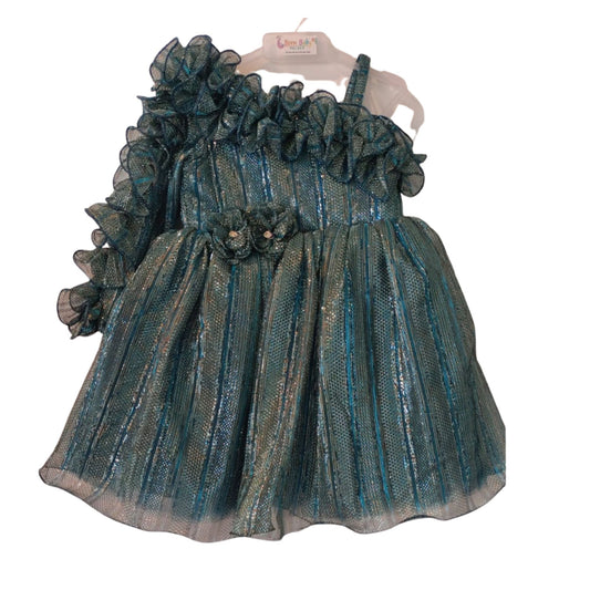 Teal One-Shoulder Shimmer Party Wear Frock for Baby Girls with Ruffle Accents