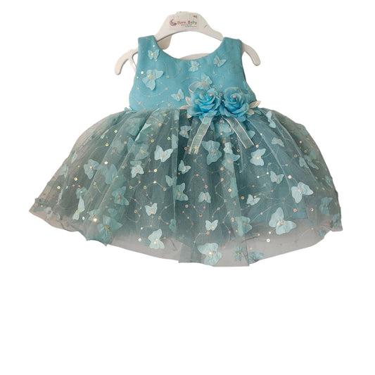 Aqua Blue Butterfly Net Party Wear Frock for Baby Girls with Floral Waist Accent