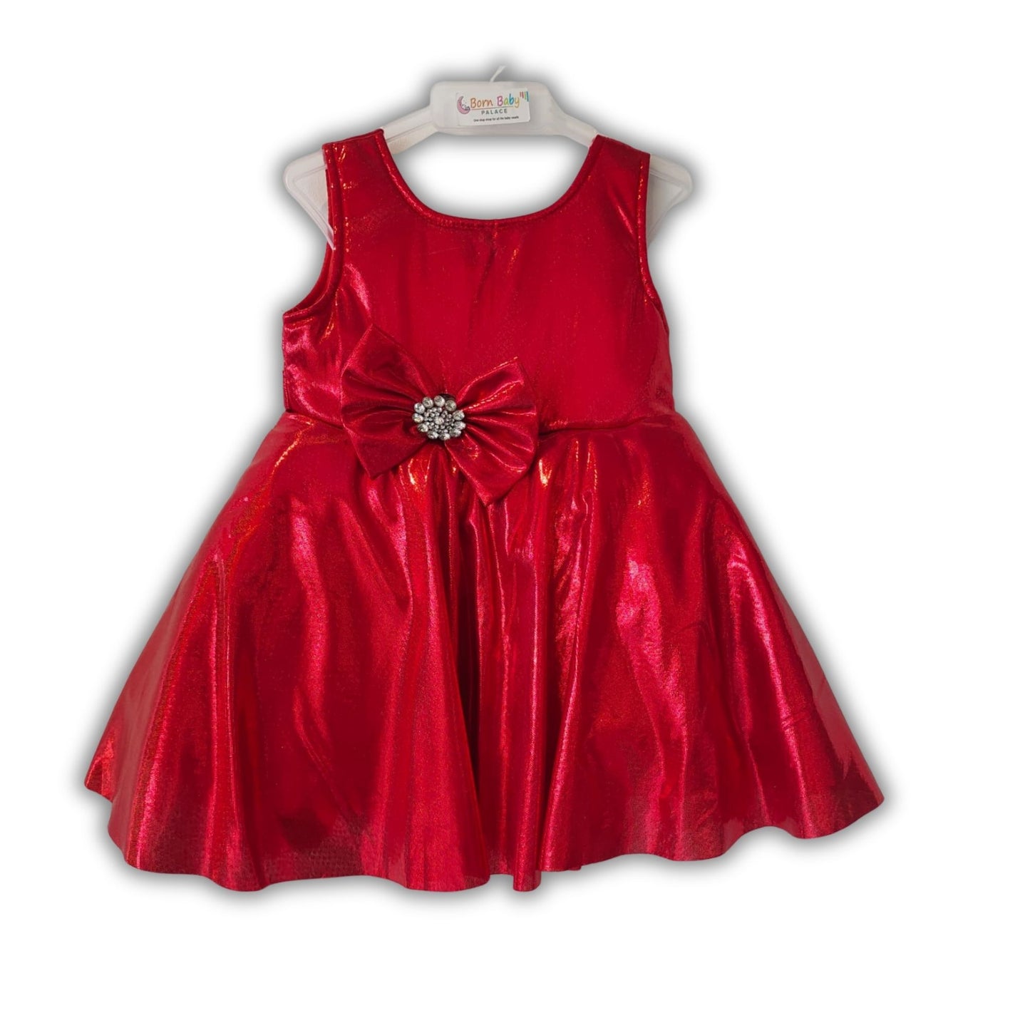 Red Shimmer Party Wear Frock for Baby Girls with Bow Detail