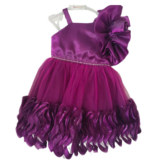 Purple One-Shoulder Party Wear Frock for Baby Girls with Ruffle Hem