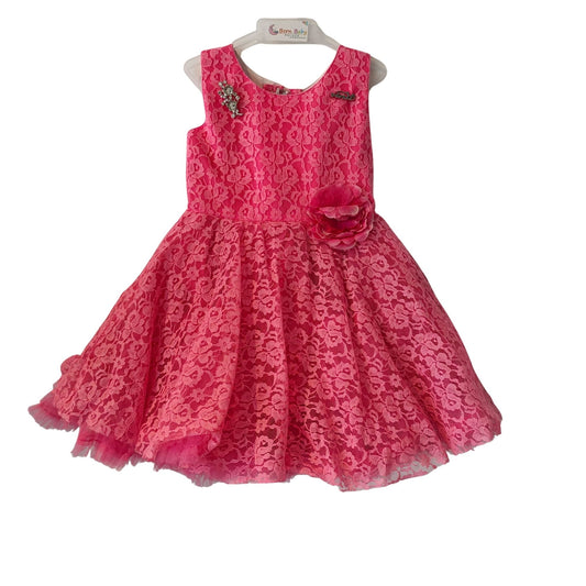 Pink Lace Party Wear Frock for Baby Girls with Floral Appliqué