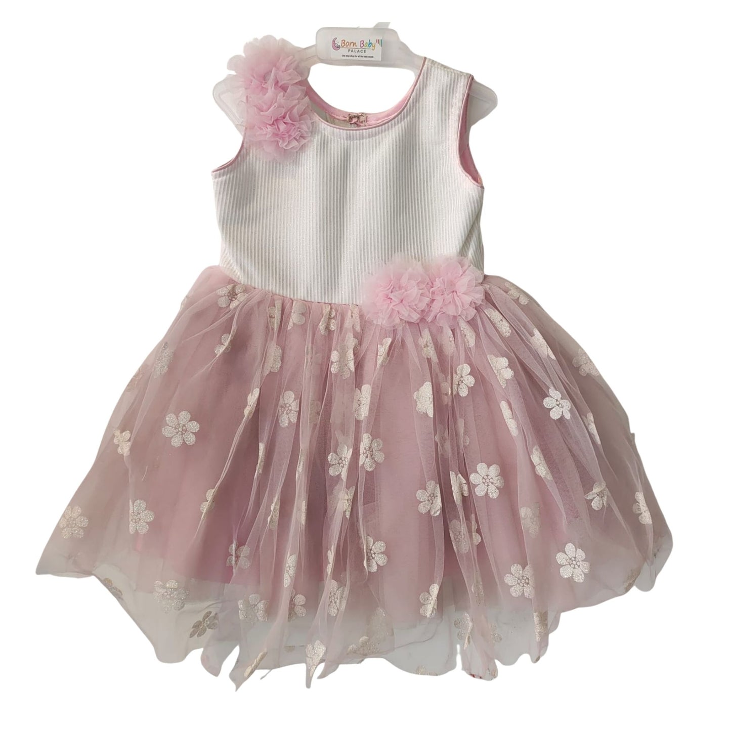 White & Blush Pink Party Wear Frock for Baby Girls with Floral Tulle Skirt
