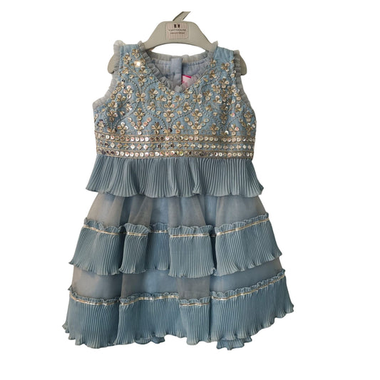 Teal Blue Embellished Party Wear Frock for Baby Girls with Layered Ruffle Skirt