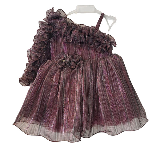 Plum One-Shoulder Shimmer Party Wear Frock for Baby Girls with Ruffle Detail
