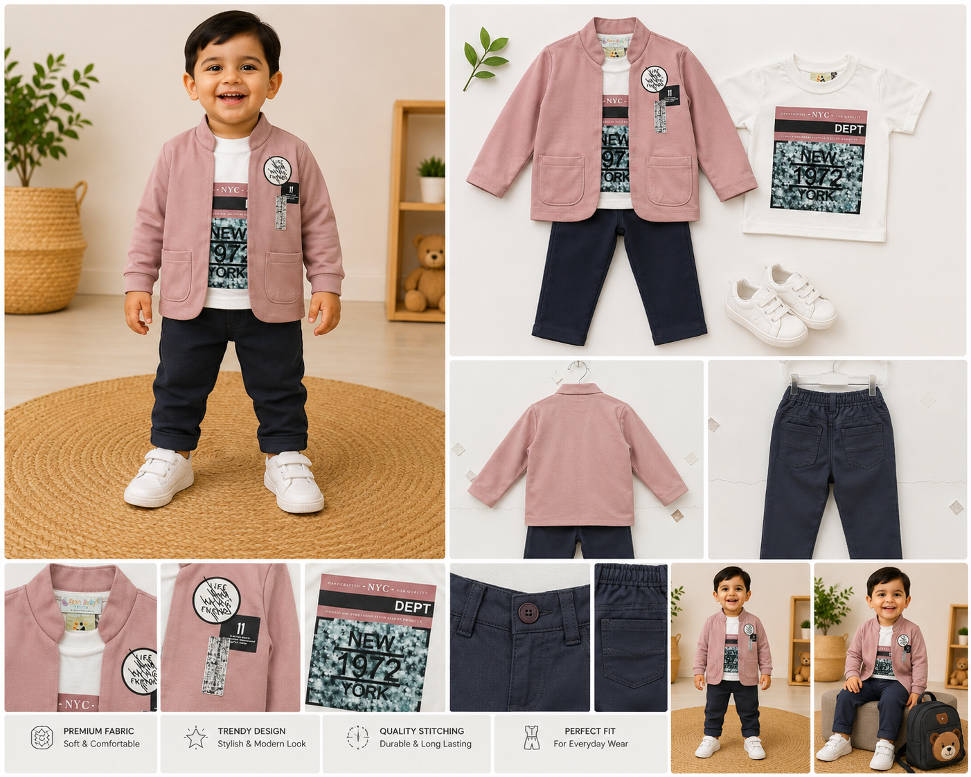 Boys 3-Piece Blazer Style Outfit Set – Pink & Navy Blue