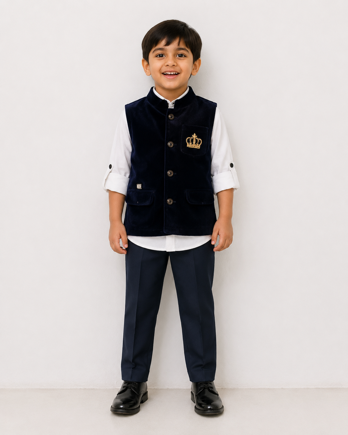 Boys Premium Party Wear 3-Piece Suit Set with Velvet Waistcoat, Full Sleeve Shirt & Formal Trouser | Navy Blue & White