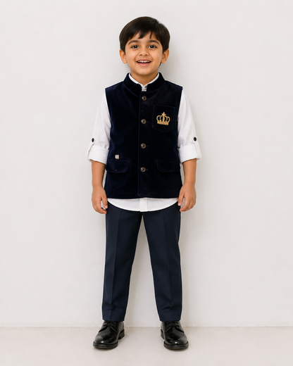 Boys Premium Party Wear 3-Piece Suit Set with Velvet Waistcoat, Full Sleeve Shirt & Formal Trouser | Navy Blue & White