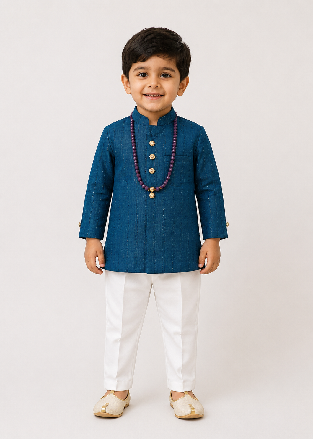 Boys Traditional Kurta Pajama Set with Decorative Beads Mala | Teal Blue & White