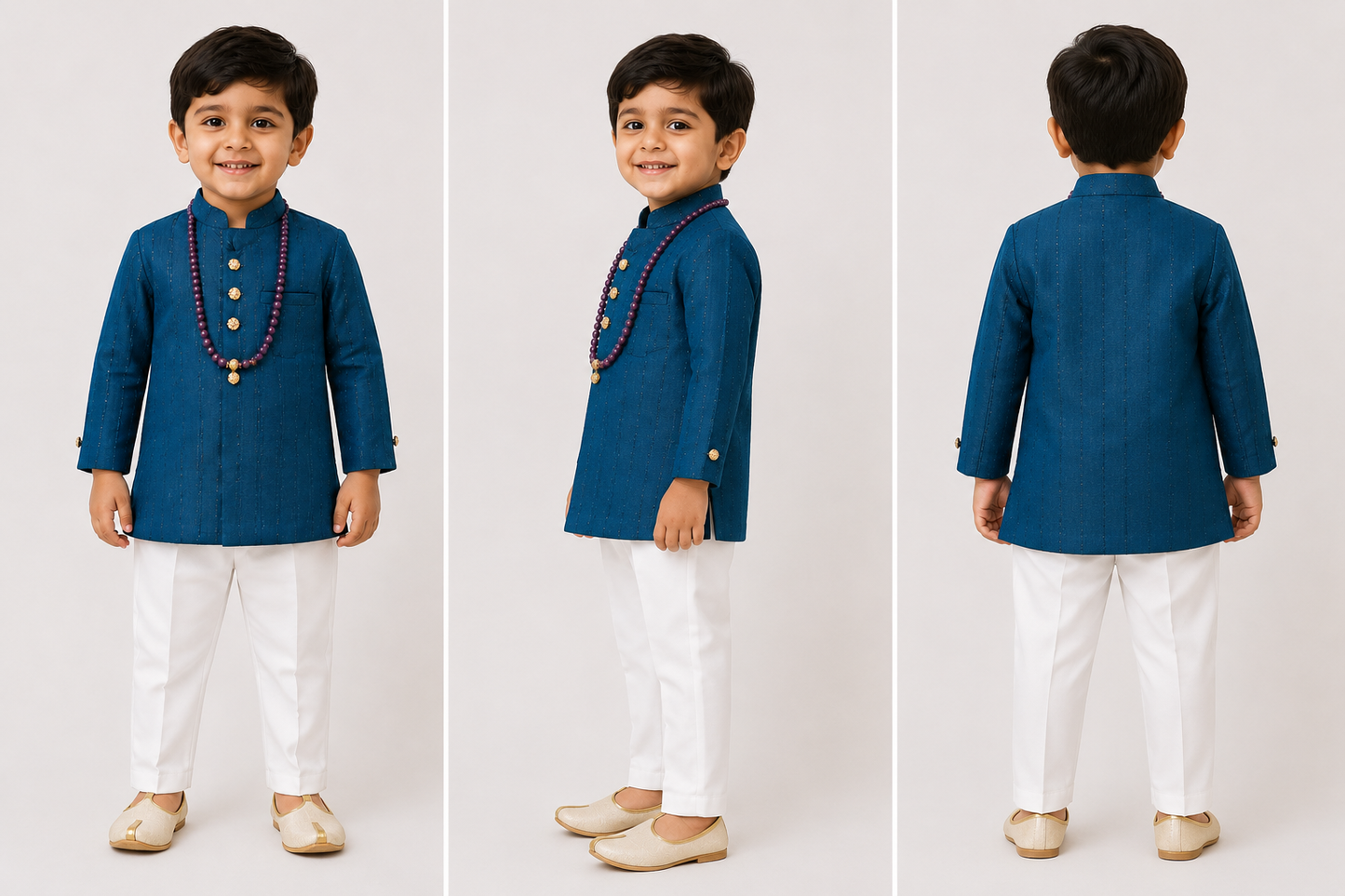 Boys Traditional Kurta Pajama Set with Decorative Beads Mala | Teal Blue & White