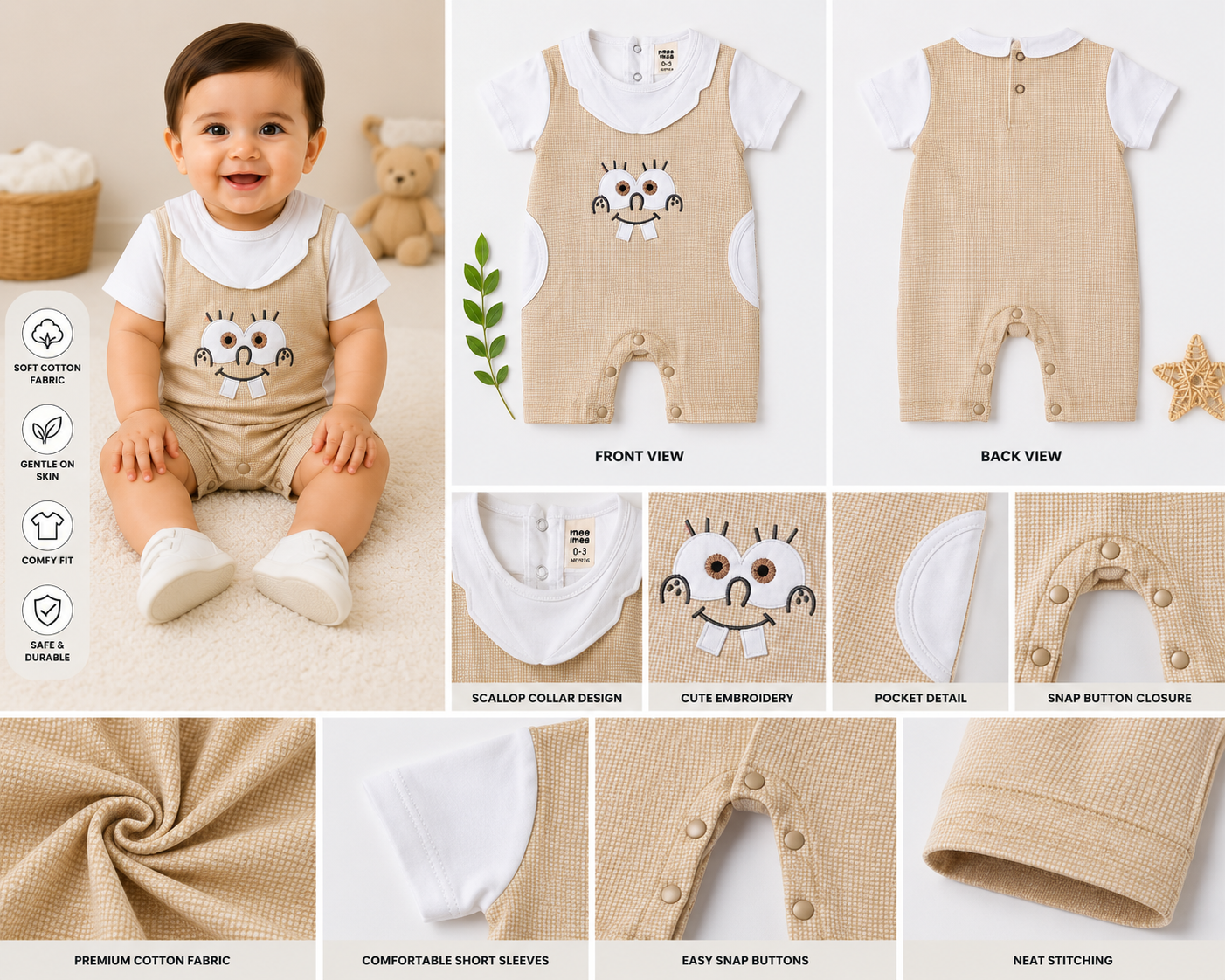 Baby Unisex Cotton Cartoon Romper – Beige