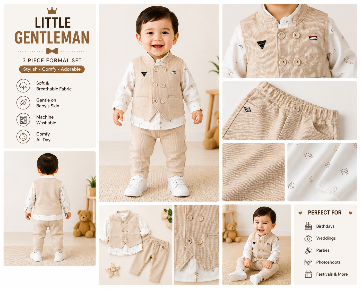 Baby Boys Premium Formal Waistcoat Clothing Set (Beige)| 6-12 Months