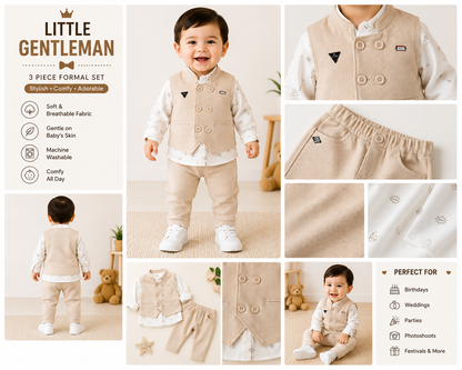 Baby Boys Premium Formal Waistcoat Clothing Set (Beige)| 6-12 Months