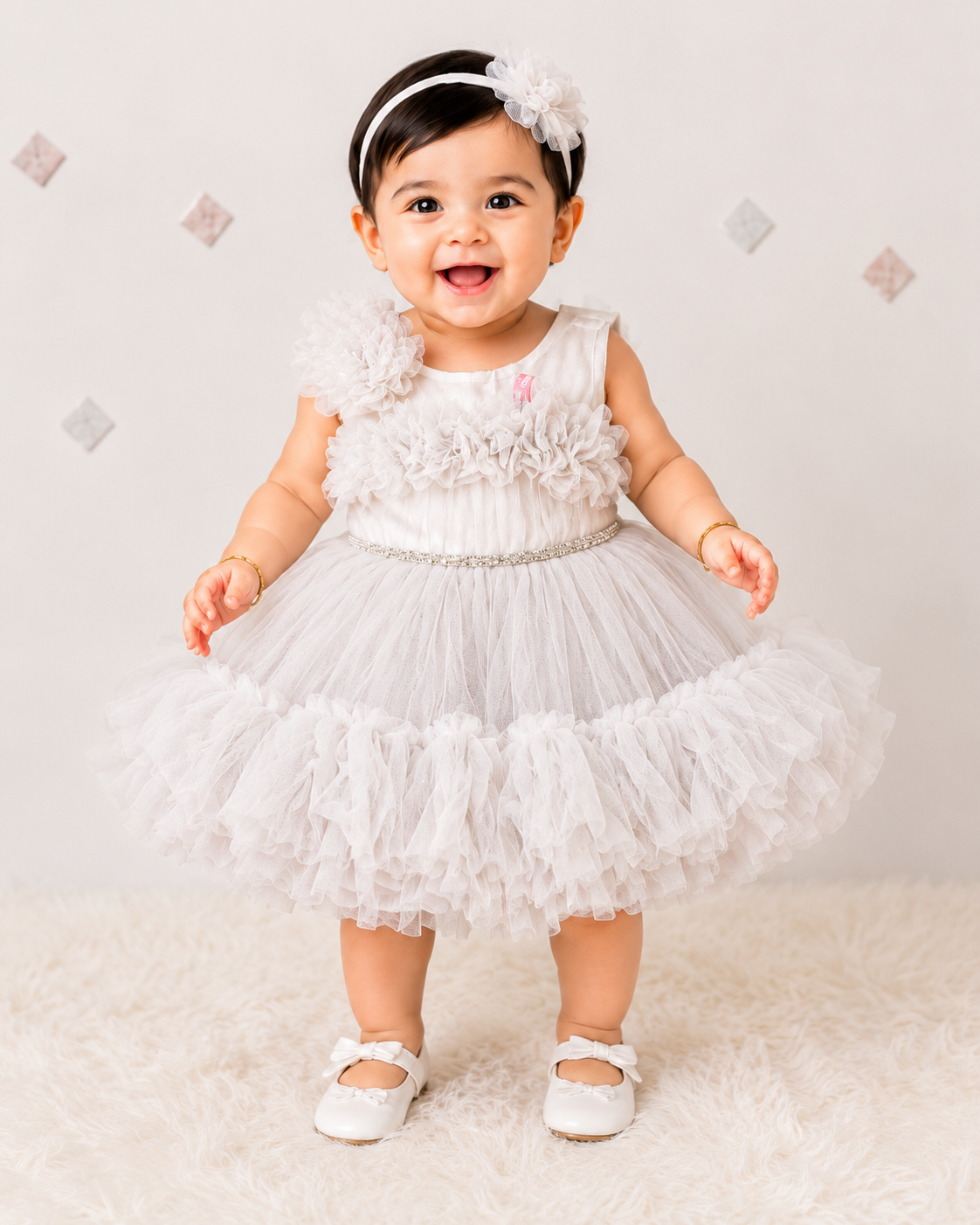 Girls White Floral Ruffle Party Dress for Baby Girls