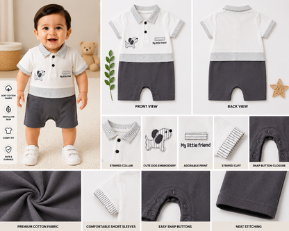 Baby Boys Cotton Polo Romper – White & Grey
