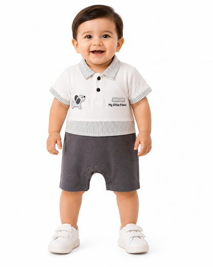 Baby Boys Cotton Polo Romper – White & Grey