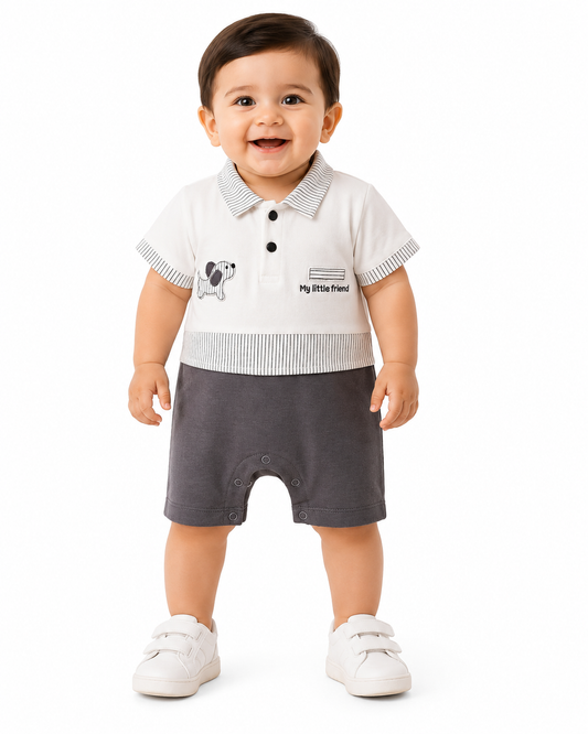 Baby Boys Cotton Polo Romper – White & Grey