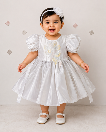Girls White Puff Sleeve Party Dress with Floral Appliqué