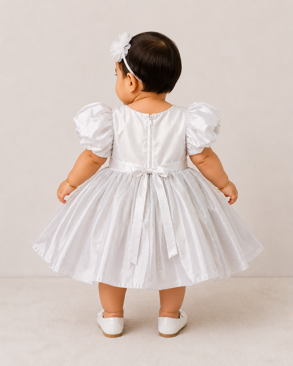 Girls White Puff Sleeve Party Dress with Floral Appliqué