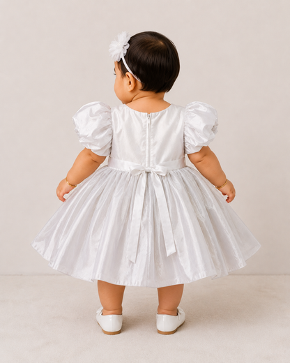 Girls White Puff Sleeve Party Dress with Floral Appliqué
