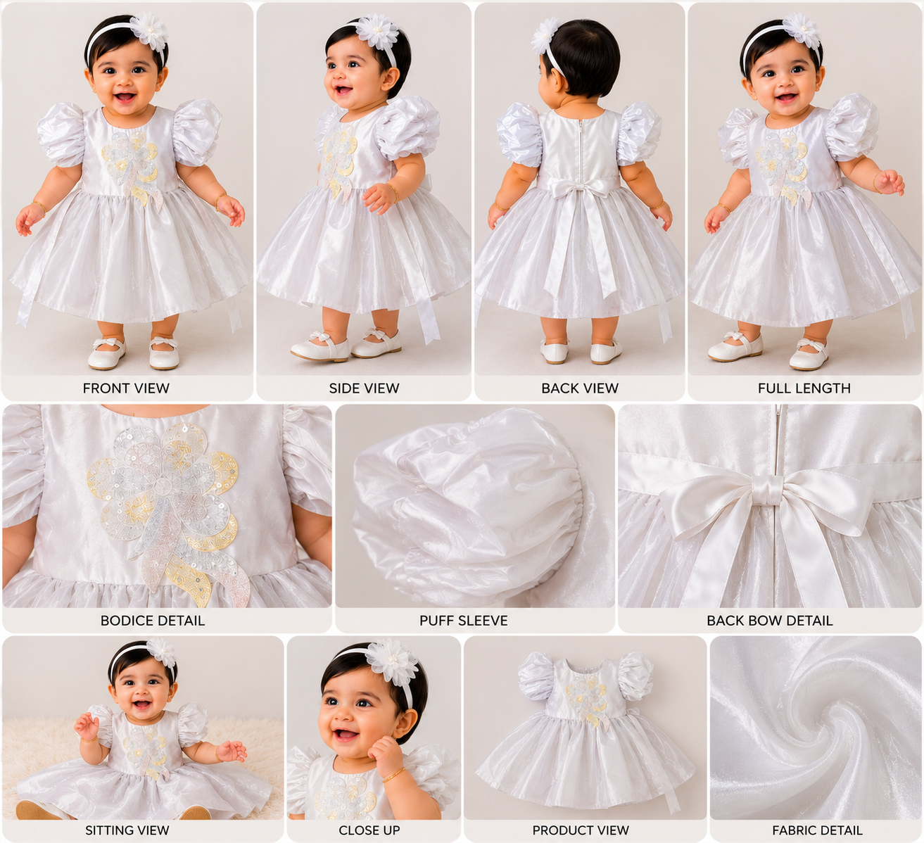 Girls White Puff Sleeve Party Dress with Floral Appliqué