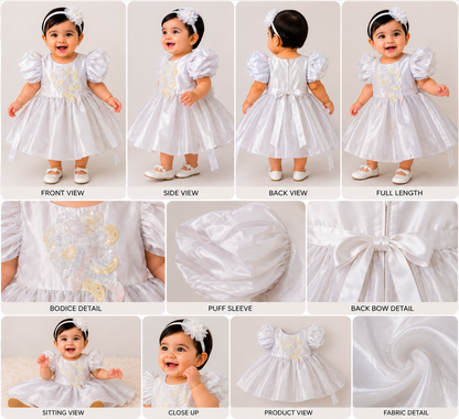 Girls White Puff Sleeve Party Dress with Floral Appliqué